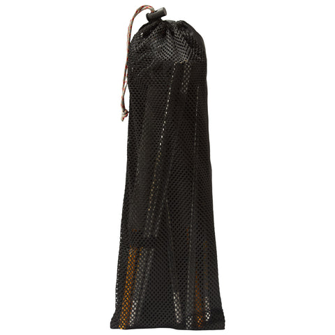 A black mesh bag holds several elongated objects inside it The bag is cinched at the top with a drawstring and is set against a neutral background