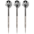 Three metallic darts with black and silver star-themed flights are displayed side by side against a plain background highlighting their sleek design and sharp points for dart games.