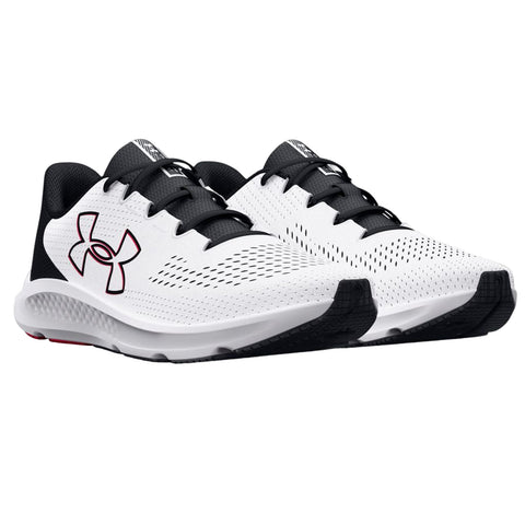 A pair of athletic shoes features a predominantly white upper with black accents and a distinctive logo on the side designed for comfort and performance in a sporting context