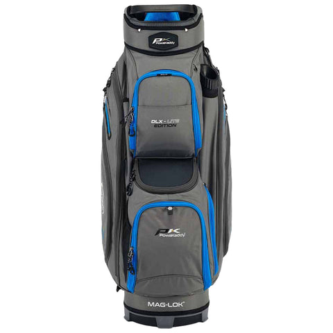 A golf bag stands upright featuring multiple pockets for storage with a grey fabric body and blue accents highlighting its design and functionality in supporting golfers during play.