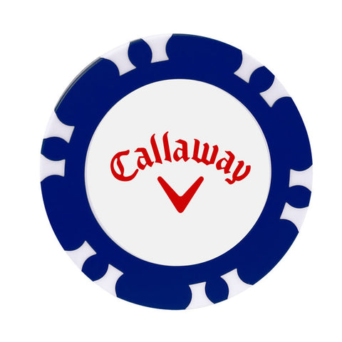 A round golf marker has a white center with the word Callaway in red and a red checkmark symbol surrounded by a blue decorative border featuring alternating shapes in a golf context.