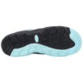 A shoe sole features textured black rubber with light blue accents highlighting the outsole design showcasing tread patterns intended for grip and traction on various surfaces