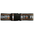 FENTO Clip Elastics A black fabric belt with an adjustable buckle displays repeated text reading "FENTO" in bold white letters, framed by orange stripes, suitable for casual wear or sports.