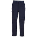 Navy blue cargo pants stand upright showcasing their design featuring a side pocket and a button closure designed for casual and outdoor wear. The fabric appears sturdy and comfortable.