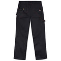 Black work pants are displayed flat showing multiple pockets and red stitching details designed for functionality in various tasks suitable for work environments.