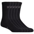 Five pairs of black socks are neatly arranged in a row with ribbed cuffs and soft fabric showcasing the brand logo on the side emphasizing a simple and practical design.