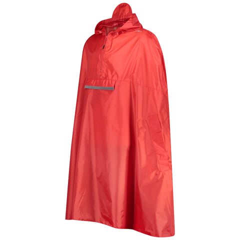 A red rain poncho hangs vertically featuring a hood a front zipper and a chest pocket designed for protection against wet weather in outdoor environments.