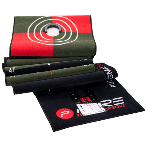 A set of putting mats is arranged sequentially with various markings for practice. The mats include a target hole and measurements for guiding alignment in a training environment.