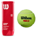 A red cylindrical container labeled Wilson X3 holds padel balls while a green felt ball with Wilson Padel X3 branding sits beside it, suggesting a focus on padel sports equipment.