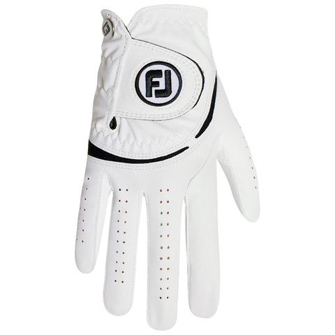 A white golf glove is resting with the palm facing up showcasing perforations and a logo on the wrist strap designed to enhance grip and comfort during golfing activities.