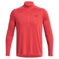 A red long-sleeve athletic shirt features a quarter zip design and a small black logo on the chest, suitable for sports or casual wear in an active environment.