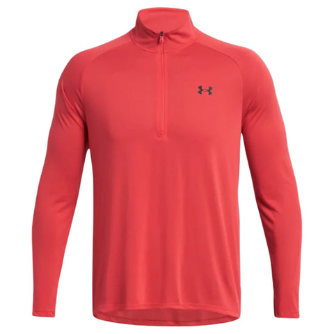 A red long-sleeve athletic shirt features a quarter zip design and a small black logo on the chest, suitable for sports or casual wear in an active environment.