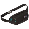 A black waist bag with two zippered compartments and colorful pull tabs is positioned on a flat surface showcasing its adjustable strap for secure wear during outdoor activities.