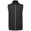 A black sleeveless vest is displayed hanging vertically with a high collar and a front zipper featuring patterned texture on the upper section and smooth fabric below, suitable for casual or outdoor wear.