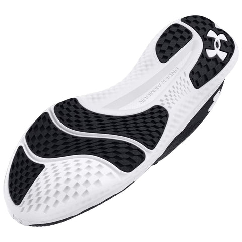 A black and white athletic shoe sole is shown with a textured design featuring various patterns and a logo on the side highlighting its grip and performance characteristics.