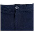 Navy blue pants are displayed with a button and a waistband visible at the top the fabric appears textured and well-finished suggesting a casual or semi-formal style.