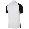 A sports shirt is displayed hung up showing a design with a white body and black short sleeves the context suggests it's intended for athletic wear or casual use.