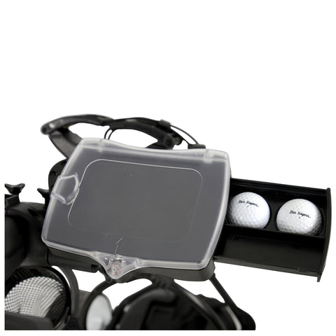 A golf bag features a transparent compartment on top holding small items while a side compartment displays two golf balls with branding visible in a storage area designed for easy access.