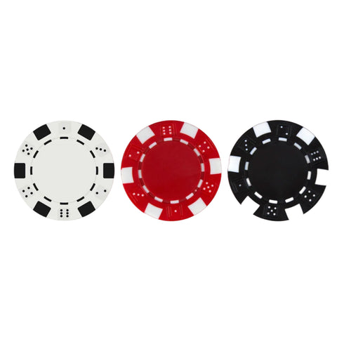 Three poker chips are arranged side by side. The left chip is white with black markings, the middle chip is red with white markings, and the right chip is black with white markings.