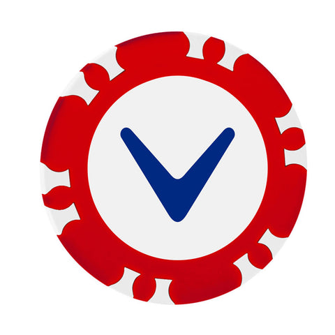 A round object displays a white circular center with a blue checkmark surrounded by a red border featuring a stylized gear or decorative pattern, conveying a symbol of approval or completion.