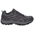 A grey hiking shoe with pink accents is positioned against a plain background showcasing a rugged texture and durable sole designed for outdoor activities and traction on uneven terrain.