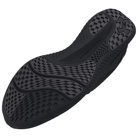 A black rubber shoe sole displays a textured pattern with varying shapes. It appears designed for grip and flexibility, likely intended for athletic or casual footwear use.