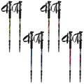 Six trekking poles are arranged upright on a white background featuring various colors and patterns each equipped with ergonomic grips and wrist straps designed for outdoor activities.