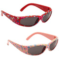 Two pairs of children's sunglasses are displayed side by side. The top pair features a red frame with a heart pattern while the bottom pair has a pink frame decorated with floral designs. Both have dark lenses.