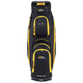 A golf bag stands upright with black fabric and yellow accents showcasing multiple zippered pockets for storage. It features the logo and is designed for ease of transport.