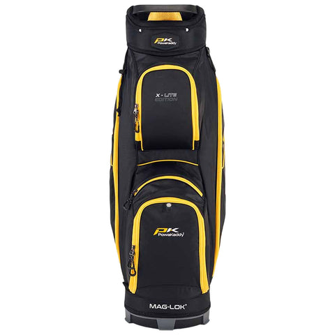 A golf bag stands upright with black fabric and yellow accents showcasing multiple zippered pockets for storage. It features the logo and is designed for ease of transport.