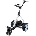 A golf trolley stands upright with a sturdy frame and large wheels designed for smooth movement on a course while carrying a golf bag in a compartment at its base.