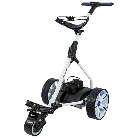 A golf trolley stands upright with a sturdy frame and large wheels designed for smooth movement on a course while carrying a golf bag in a compartment at its base.