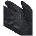 A black glove is displayed flat with a textured grip surface featuring horizontal lines the glove appears designed for enhanced grip in various activities set against a plain background.