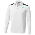 A long-sleeve white polo shirt features a black shoulder design and a small turquoise logo on the chest highlighting a sporty and casual style suitable for various activities.