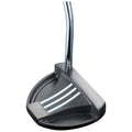 A golf putter rests upright on a flat surface The putter features a curved head with three white alignment lines on its face and a shiny metal shaft indicating a well-crafted design