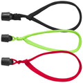 Three cord loops in black green and red are laid out flat with plastic adjusters at each end demonstrating their use for securing items in various contexts like outdoor activities or crafting.