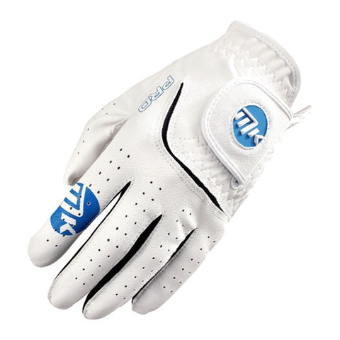 A white golf glove made of leather is resting on its back revealing the palm side with black stitching and perforations for breathability the brand logo is visible on the wrist area