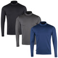 Three long-sleeved turtleneck shirts in black gray and blue are displayed side by side on a neutral background showcasing their smooth fabric and collar design