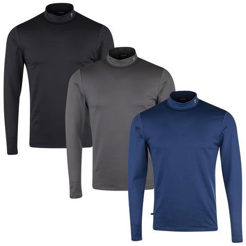 Three long-sleeved turtleneck shirts in black gray and blue are displayed side by side on a neutral background showcasing their smooth fabric and collar design