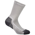 A grey sock with ribbed texture and dark toe and heel areas is positioned upright against a plain background showcasing its cushioning and athletic design.