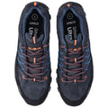 A pair of dark blue hiking shoes with orange accents features a textured surface and sturdy laces, positioned on a neutral background, suitable for outdoor activities.