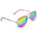 A pair of aviator sunglasses features colorful reflective lenses with a gradient of pink and blue hues resting on a white background, showcasing their stylish design and vibrant appearance.