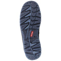 A shoe sole featuring a distinct tread pattern is positioned flat. The design includes grooves and ridges to enhance grip and traction on various surfaces, promoting stability during movement.