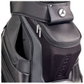 A sleek black golf bag features zippers and compartments for storage showcasing a textured design with a logo on the front ideal for carrying golf equipment on the course.