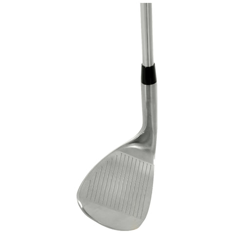 A golf club is positioned at an angle showcasing the shiny metal clubface with grooves and a sleek shaft, typically found in a golfing environment.