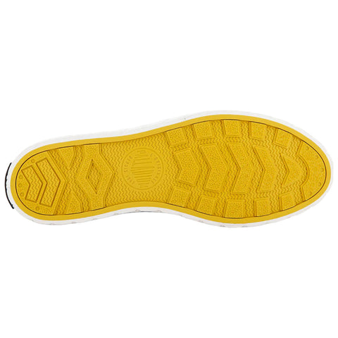 A shoe sole with a yellow rubber bottom displays a textured pattern and grooves designed for traction and grip, positioned against a neutral background.