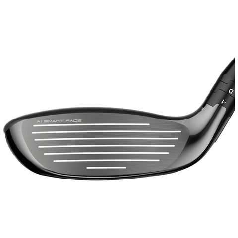 A golf club head features a sleek black striking surface with engraved horizontal lines for ball contact and the text "Ai SMART FACE" visible on the side, suggesting advanced technology for improved performance.