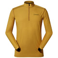 A mustard-yellow long-sleeve shirt with a half-zip collar is displayed with outstretched arms showcasing its fitted design and a logo on the chest indicating the brand.