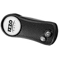 A black golf rangefinder with a textured surface is designed for measuring distances on the golf course featuring buttons and branding that read IZZO GOLF.