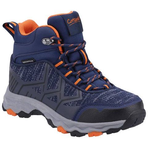 A blue and gray waterproof hiking boot features orange laces and accents. It is designed for outdoor activities with a rugged sole and supportive ankle design suitable for various terrains.